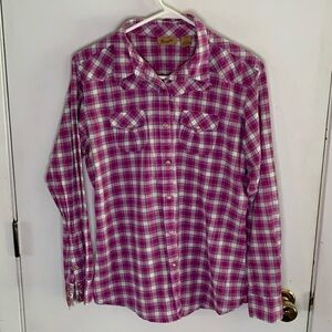 Wrangler purple turquoise white plaid long sleeve western shirt, gold metallic